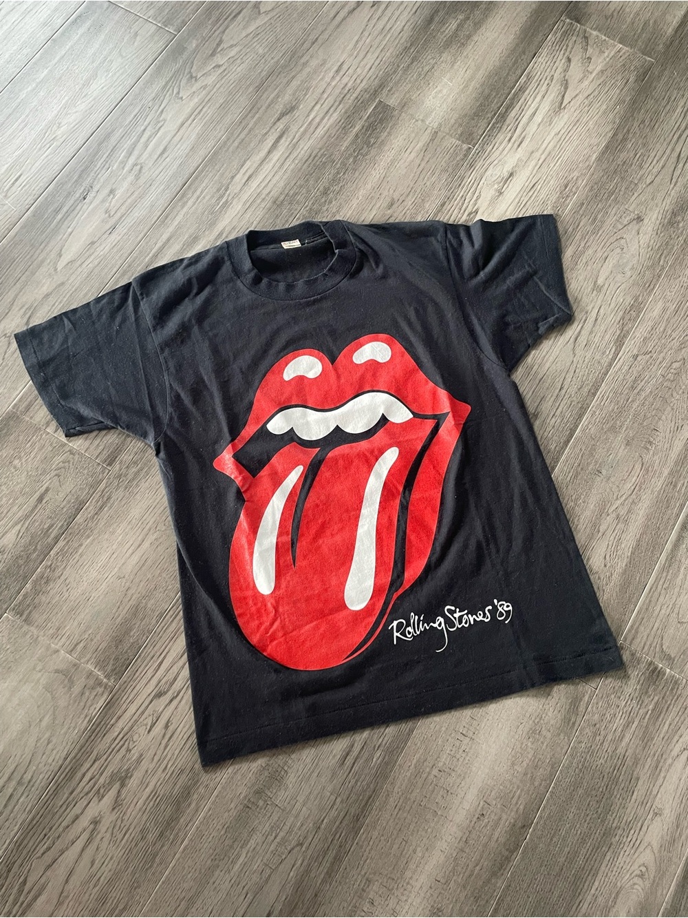 the Rolling Stones Black T-Shirt with Red Tongue Graphic